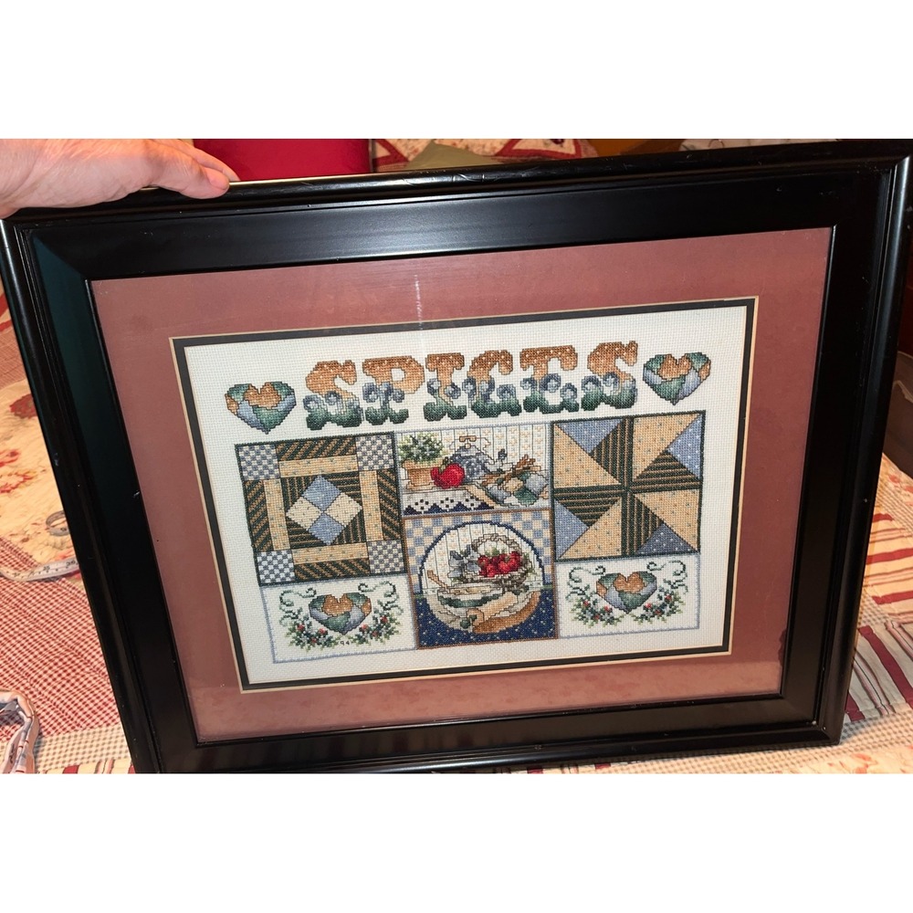 Vintage "spices" Cross Stitched Framed Wall Decor , Handmade 21.5x17.5 , Kitchen